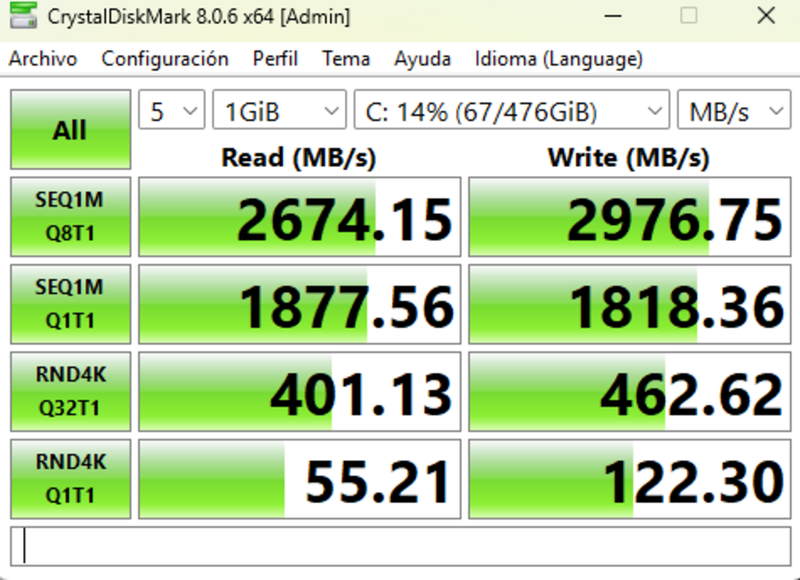 La lectura y escritura del Medion, arrojando datos de 2674 MB y 2976 MB