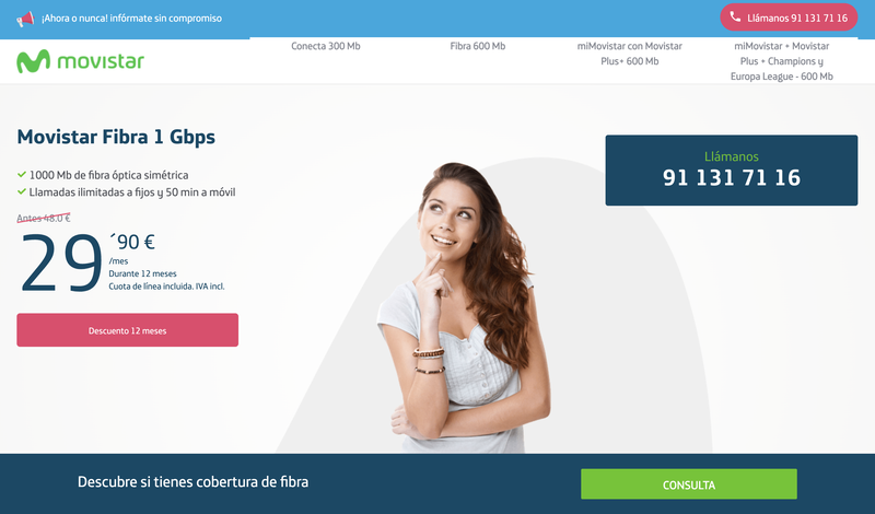 La fibra 1 Gb de Movistar está rebajada durante un año. Contrata la velocidad más potente con fijo ilimitado por menos de 30 euros