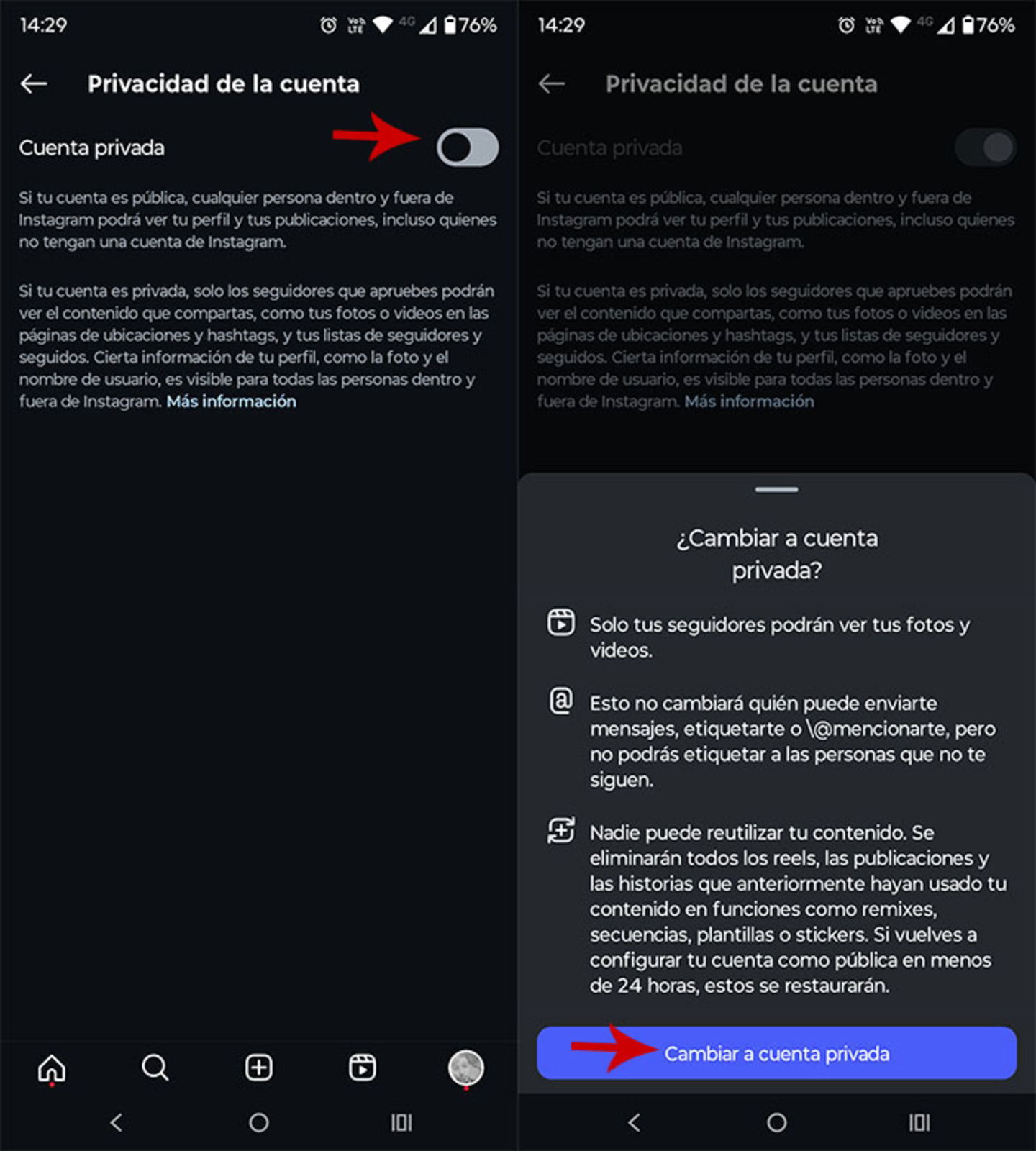 Poner cuenta de Instagram como privada