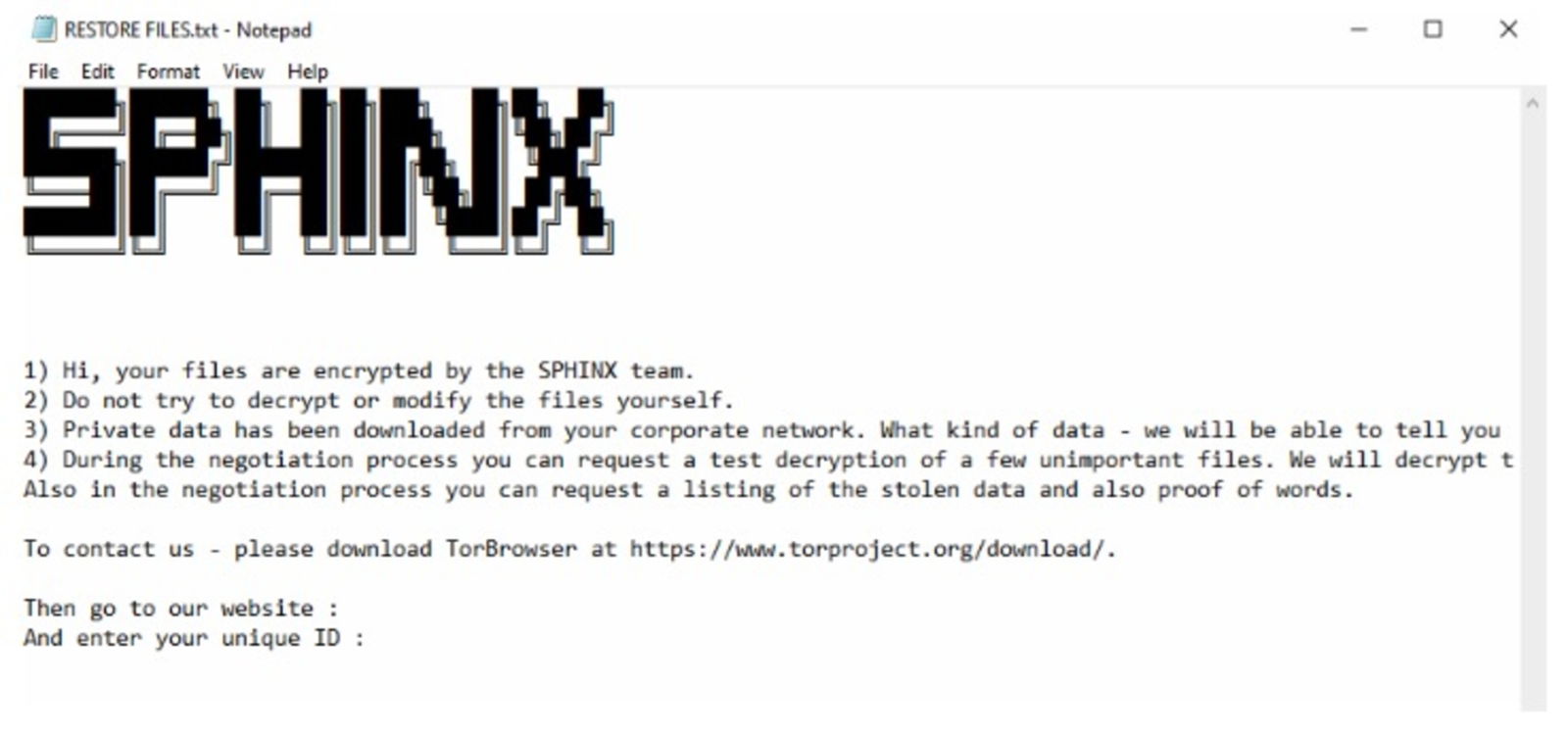 Sphinx y una nota de rescate por ataque de ransomware