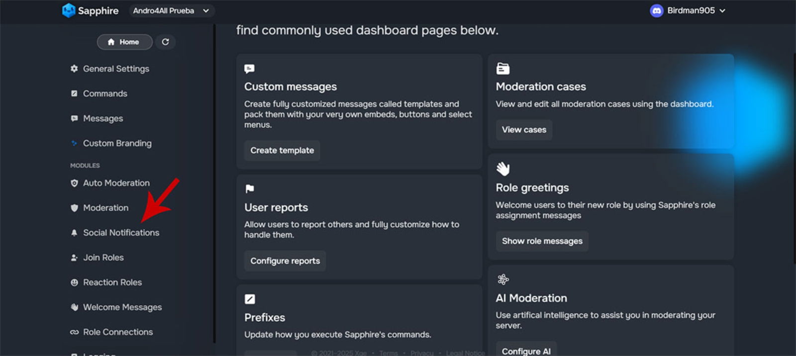 Acceder a los ajustes del bot Sapphire