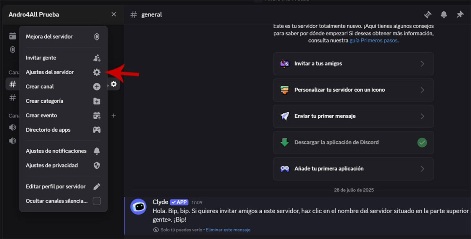 Acceder a los ajustes del servidor de Discord