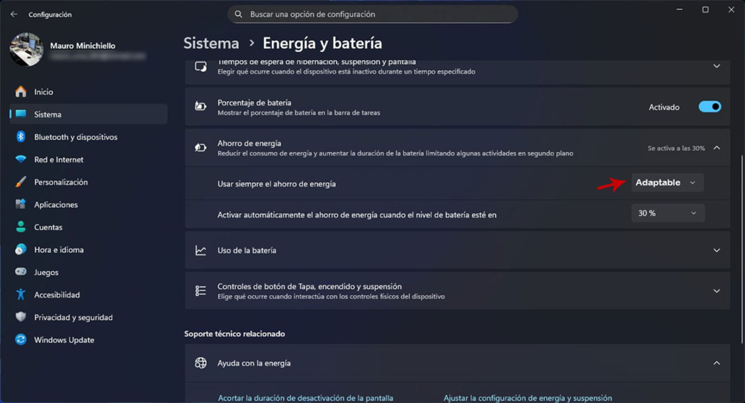 Activar ahorro de batería adaptable Windows 11