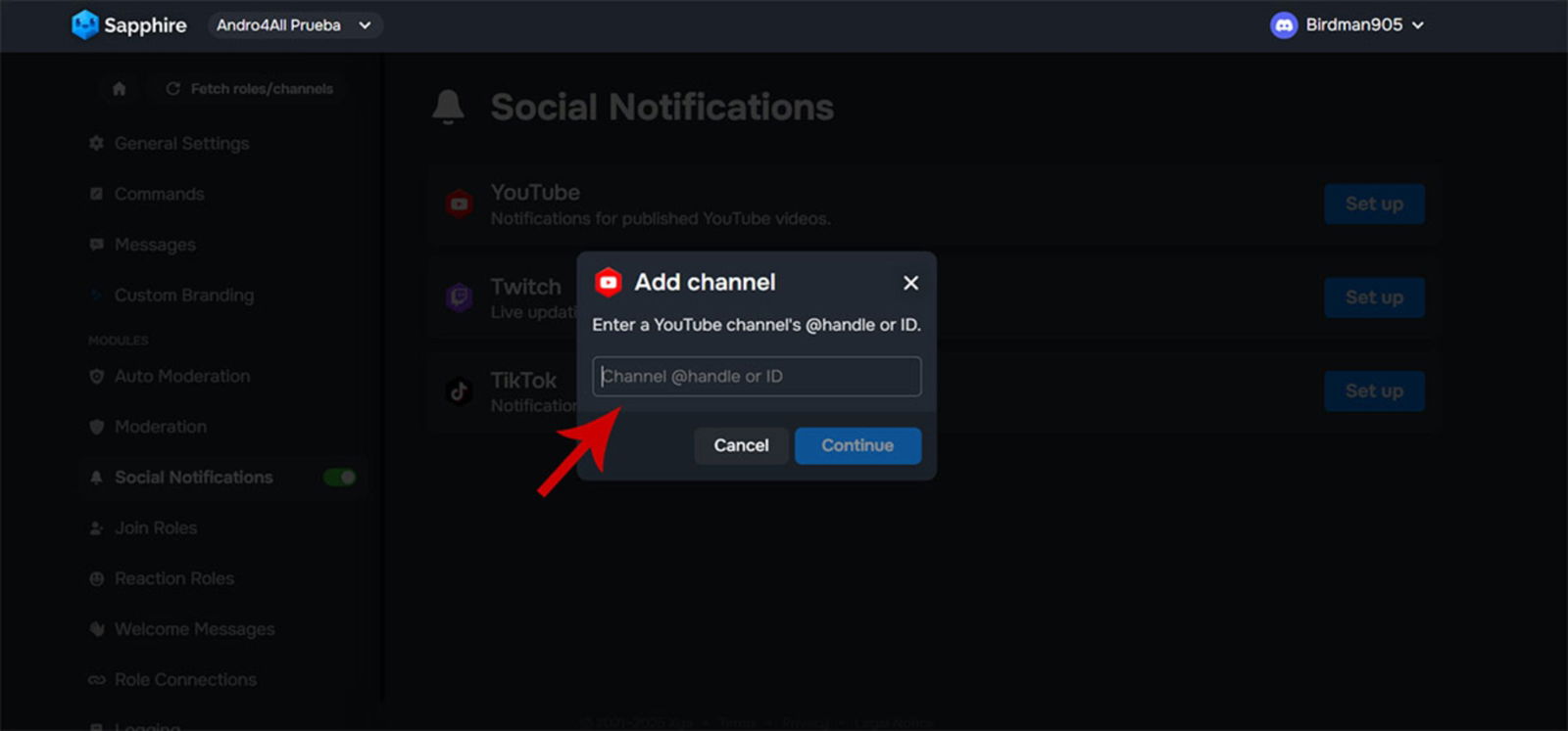 Añadir cuenta de red social en servidor de Discord