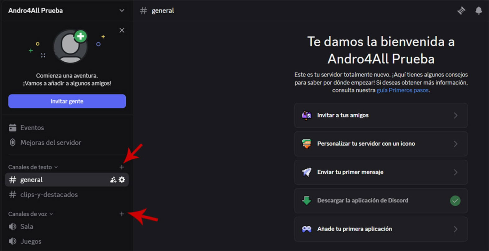 Crear canales de voz y de texto en servidor de Discord