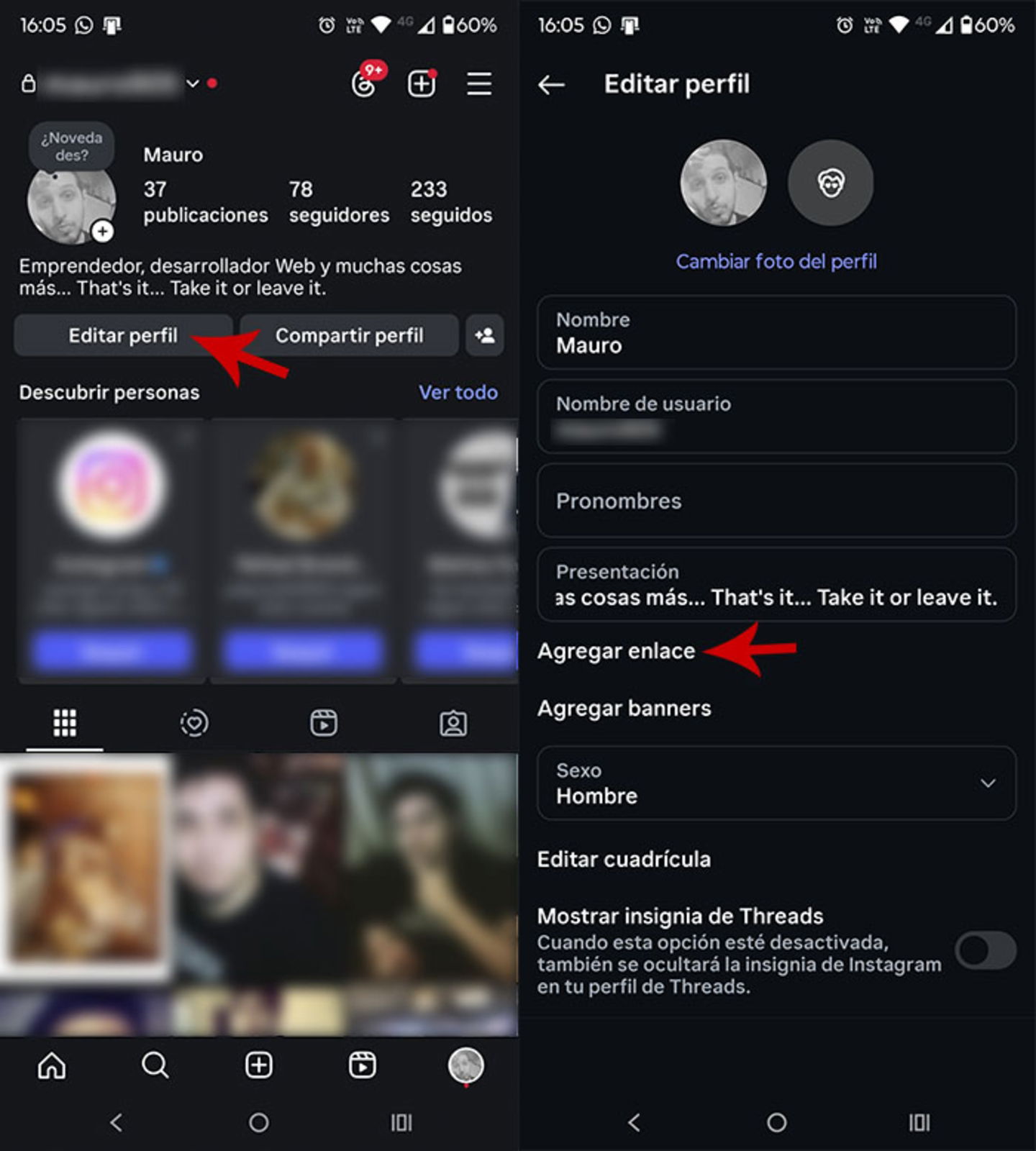 Editar perfil en Instagram