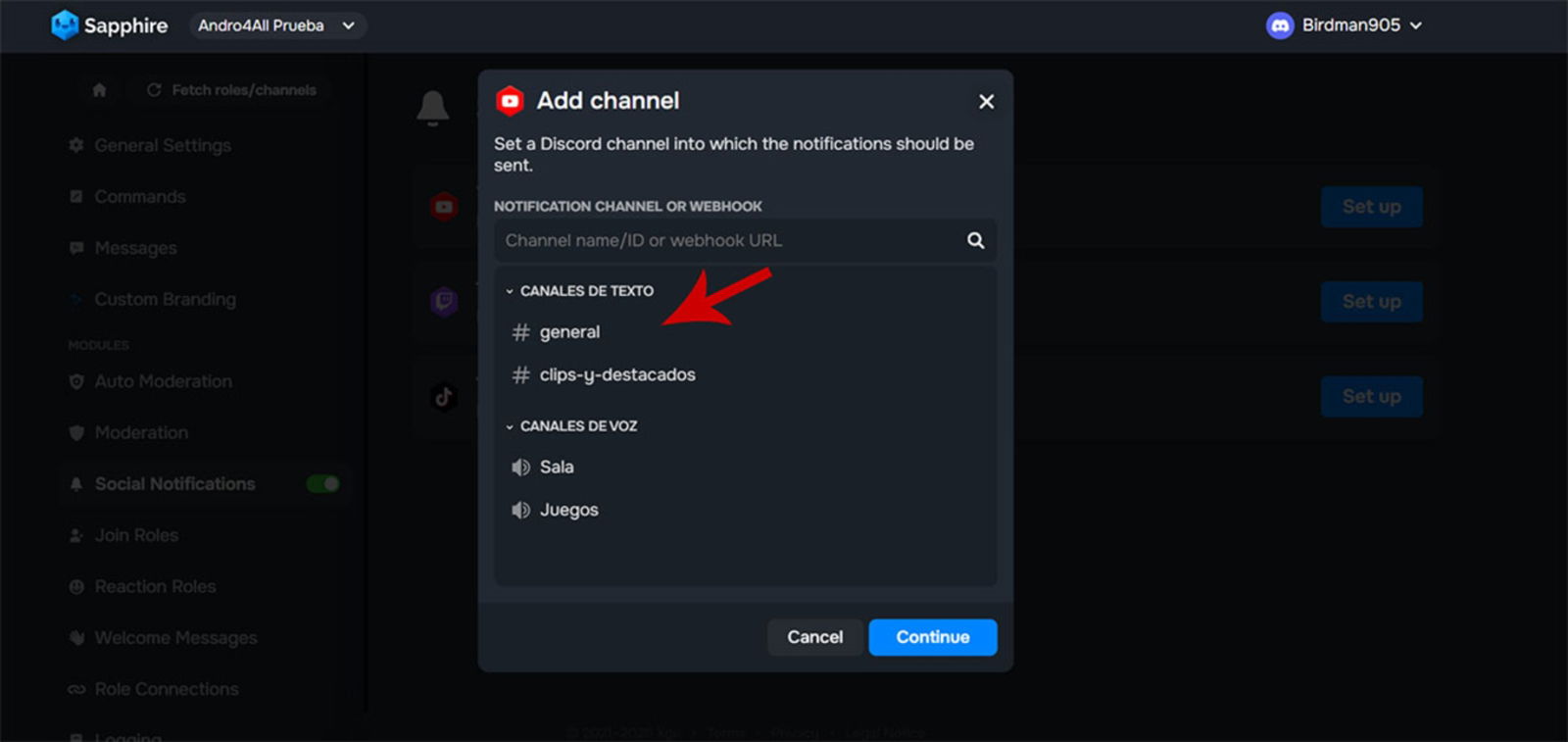 Elegir canal de Discord