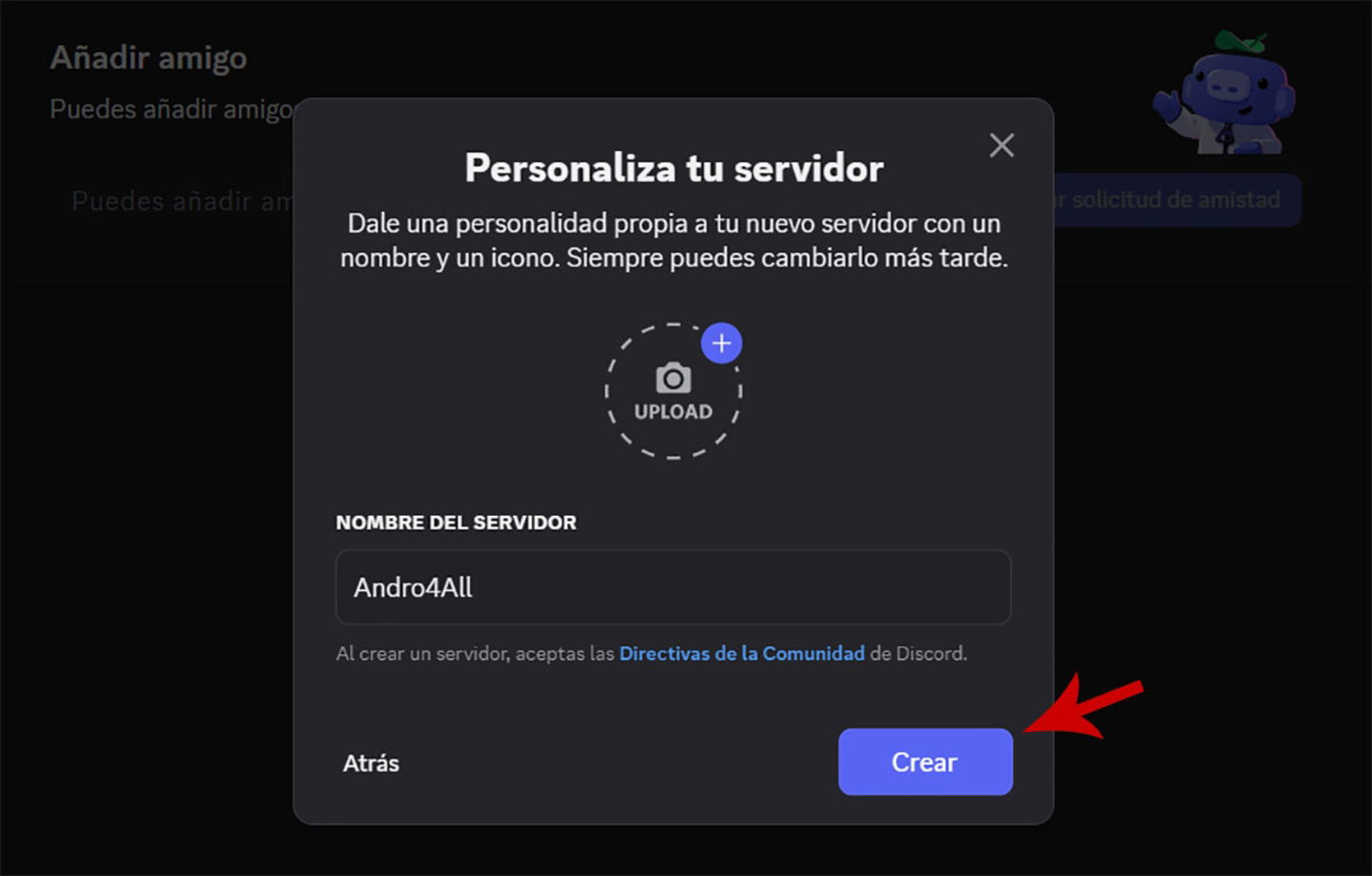 Elegir nombre del servidor de Discord