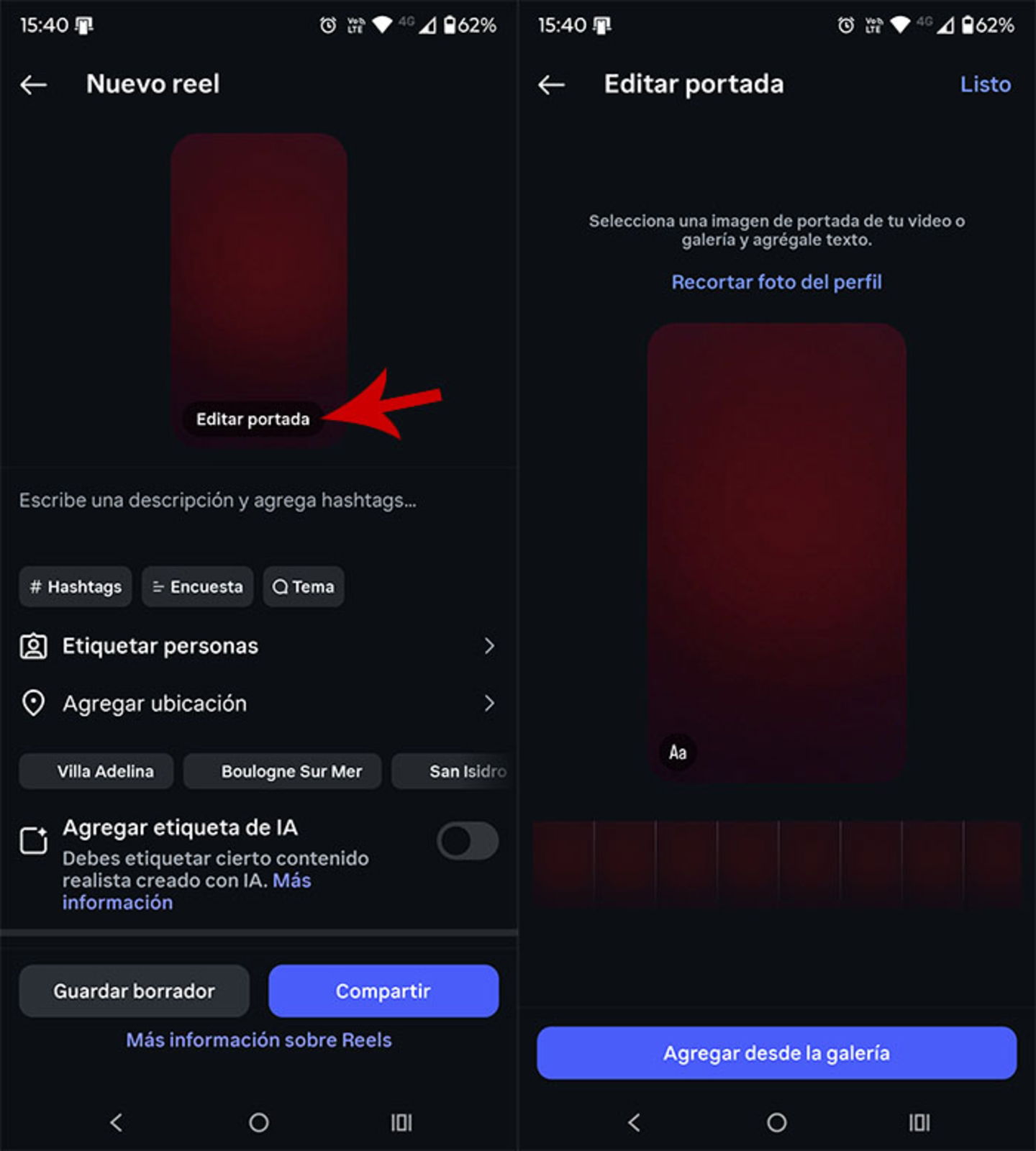 Poner portada en un Reel de Instagram