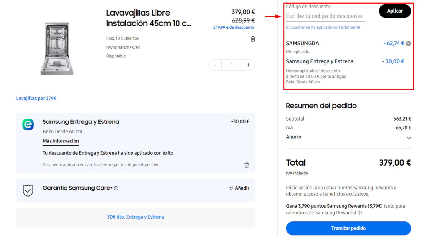 En Samsung te espera un lavavajillas premium con 250 euros de rebaja, entregando el viejo y aplicando un cupón descuento