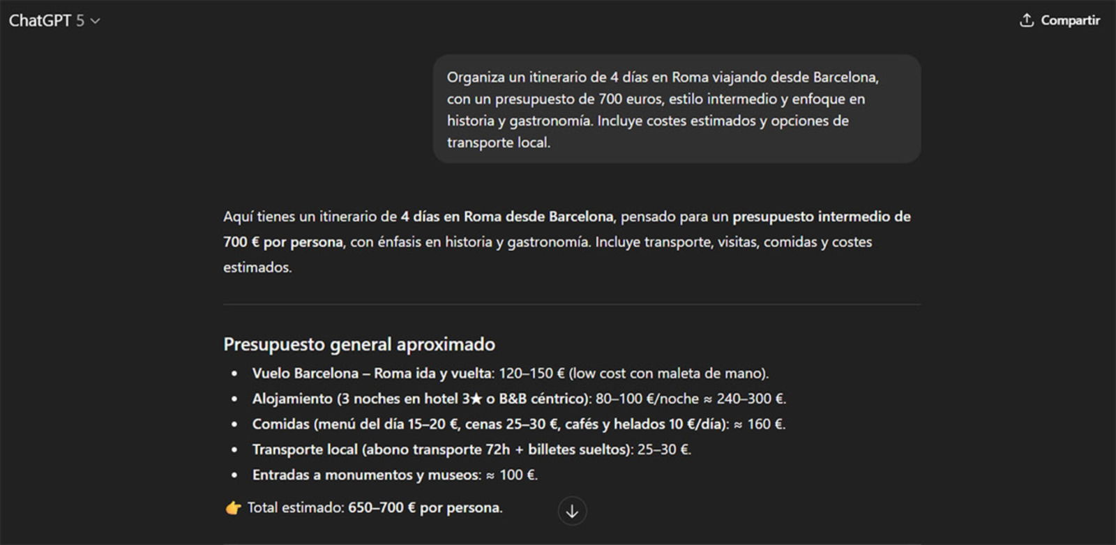 Así planifica ChatGPT-5 unas vacaciones en Roma