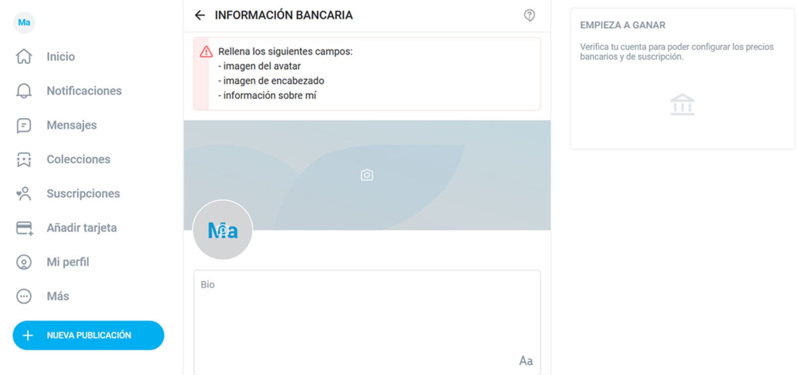 Completar perfil para convertirse en creador en OnlyFans