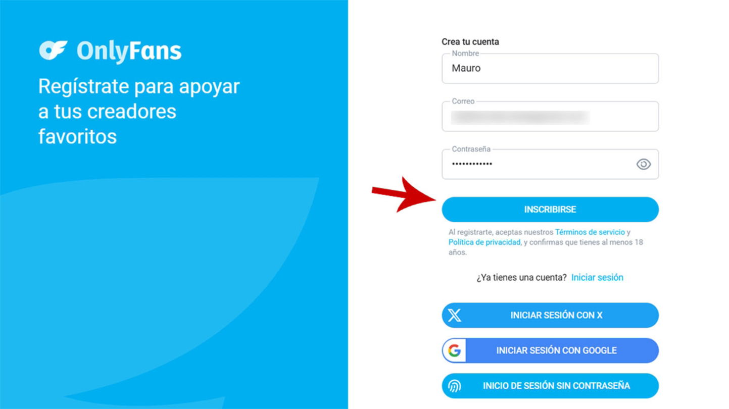 Rellenar el formulario de registro en OnlyFans