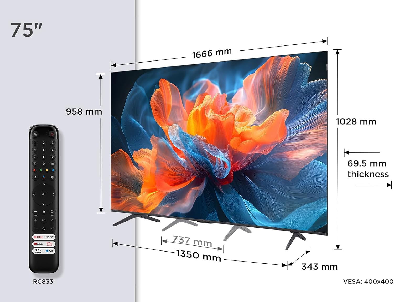 TCL T8C 75 pulgadas medidas