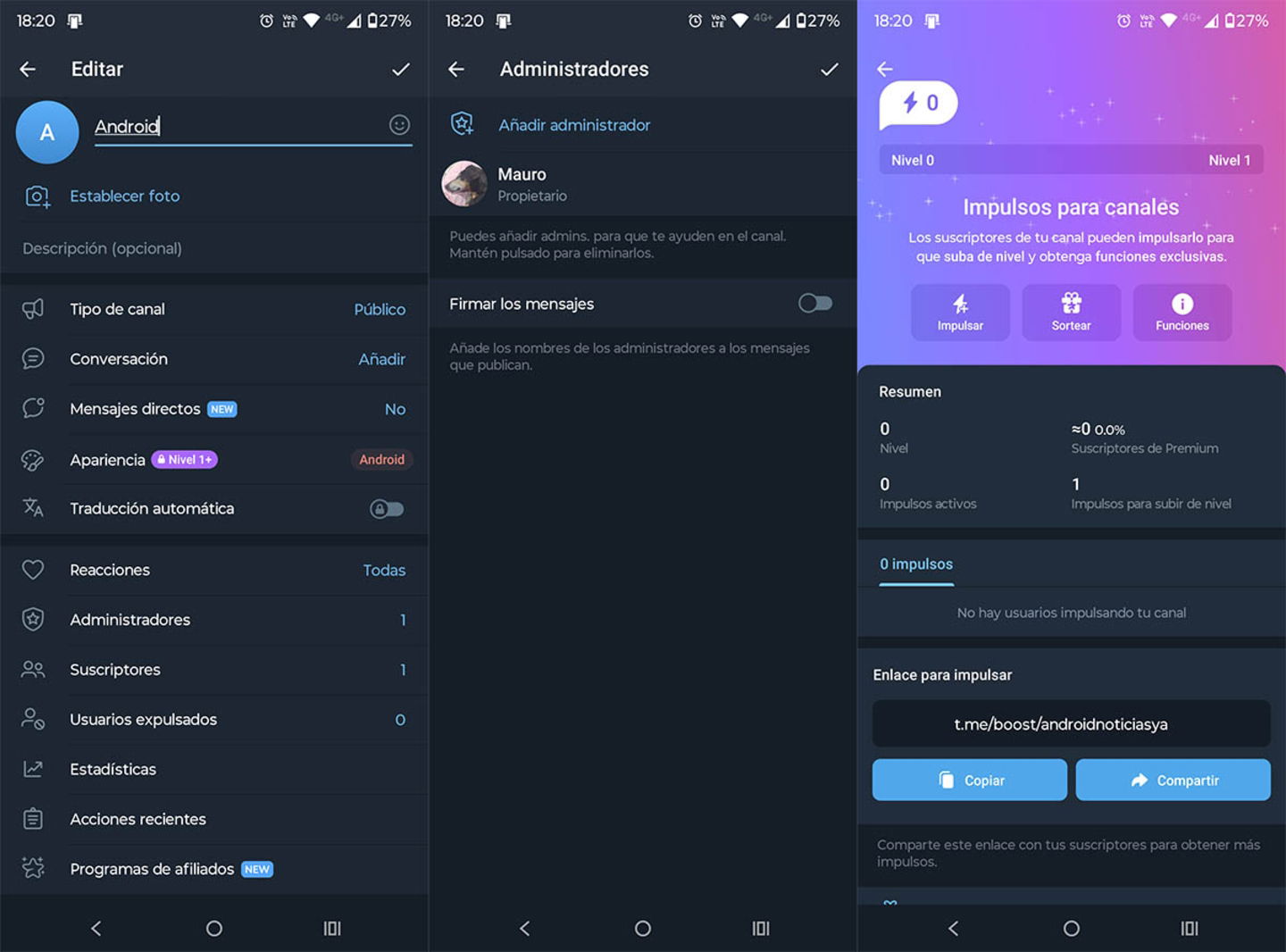 Configuración avanzada de un canal de Telegram