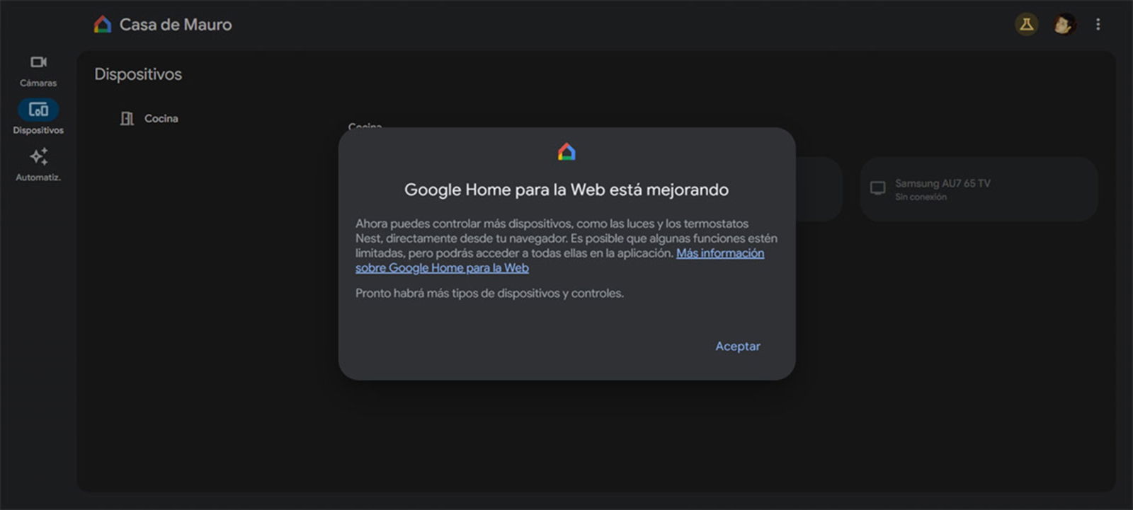 Novedades en la versión web de Google Home