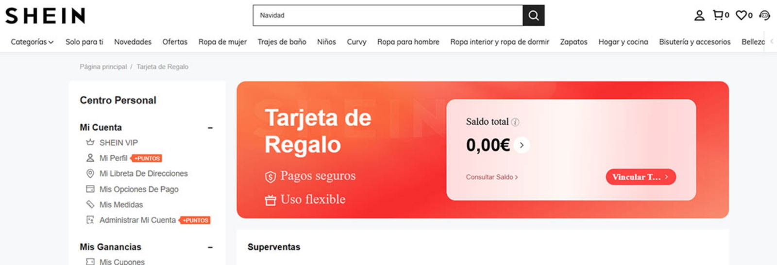 Añadir una tarjeta de regalo en Shein