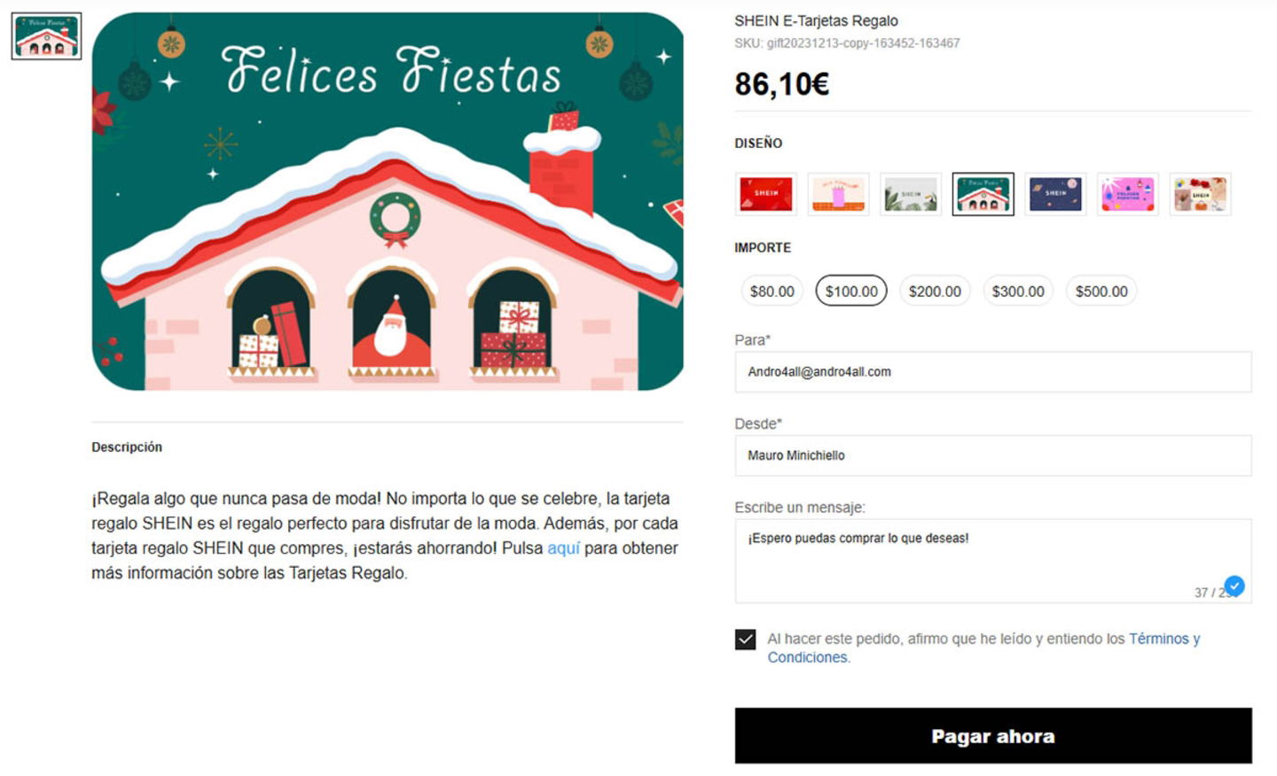 Configurar tarjeta de regalo en Shein