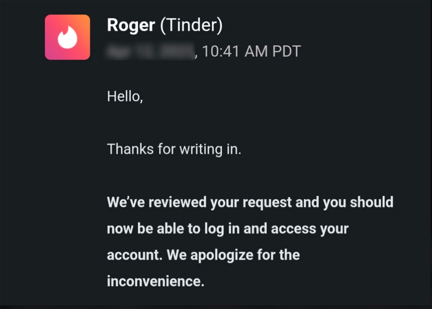 Cuenta de Tinder recuperada