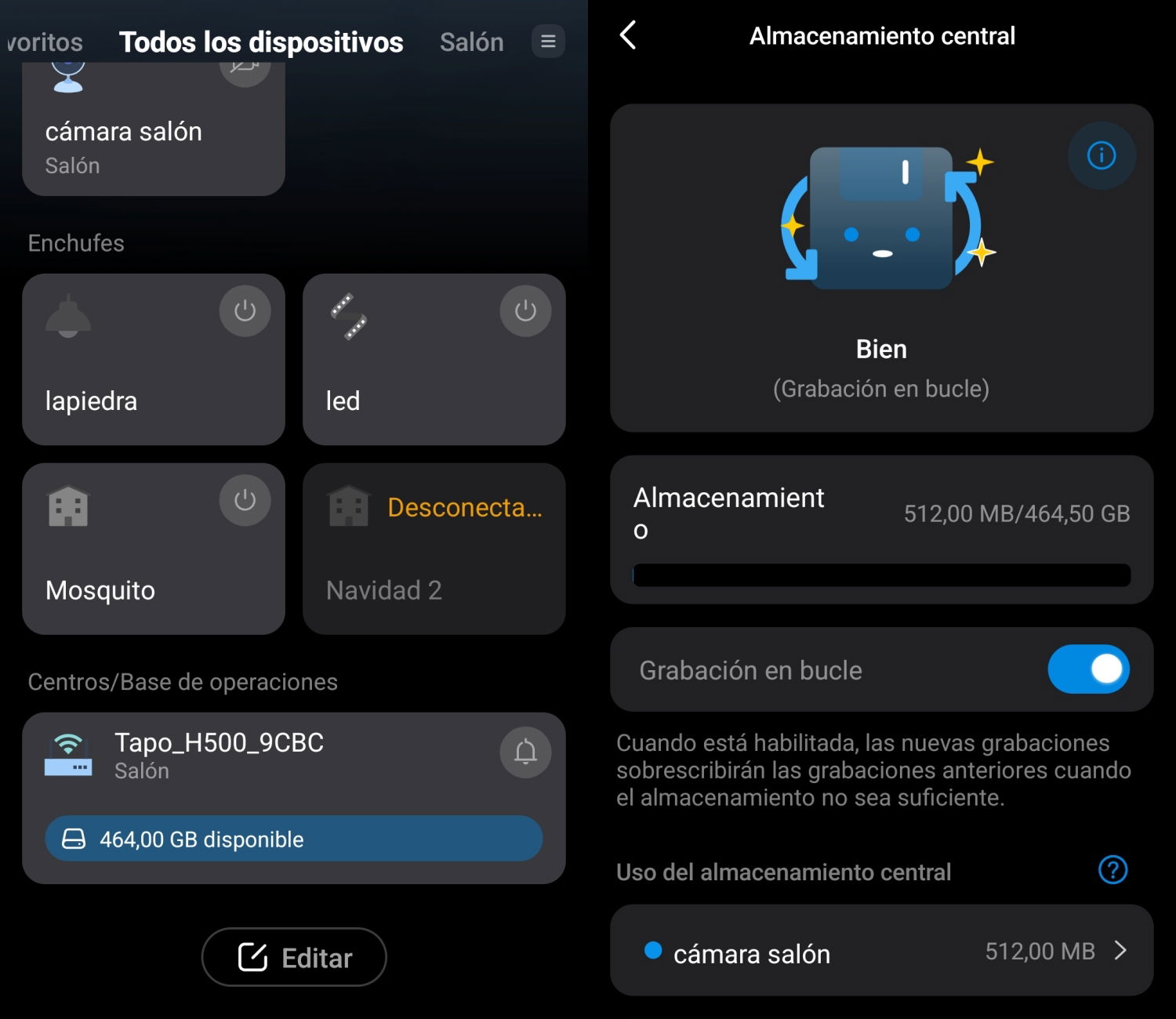 Tapo app almacenamiento H500
