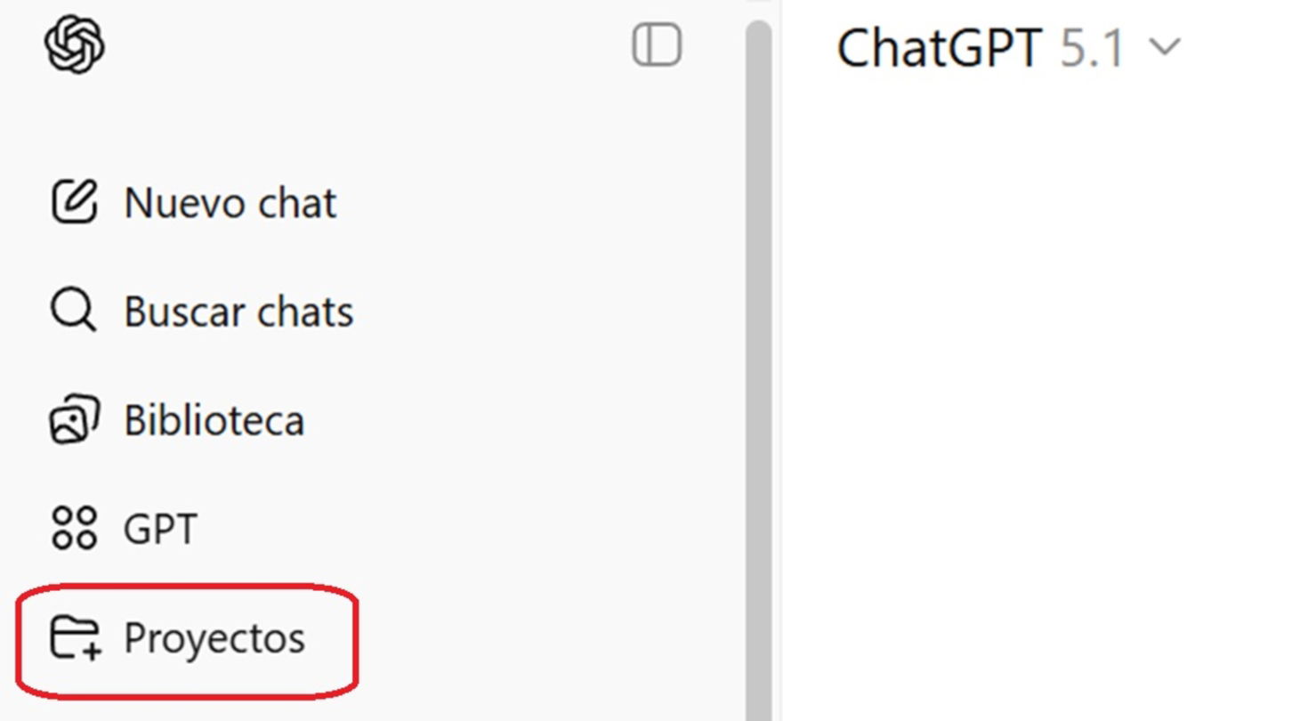 Pantallazo de ChatGPT enseñando la opción de Proyectos en ChatGPT