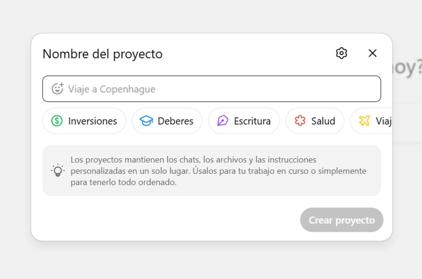 Pantallazo de ChatGPT en el que se puede ver las opciones a la hora de abrir un Proyecto