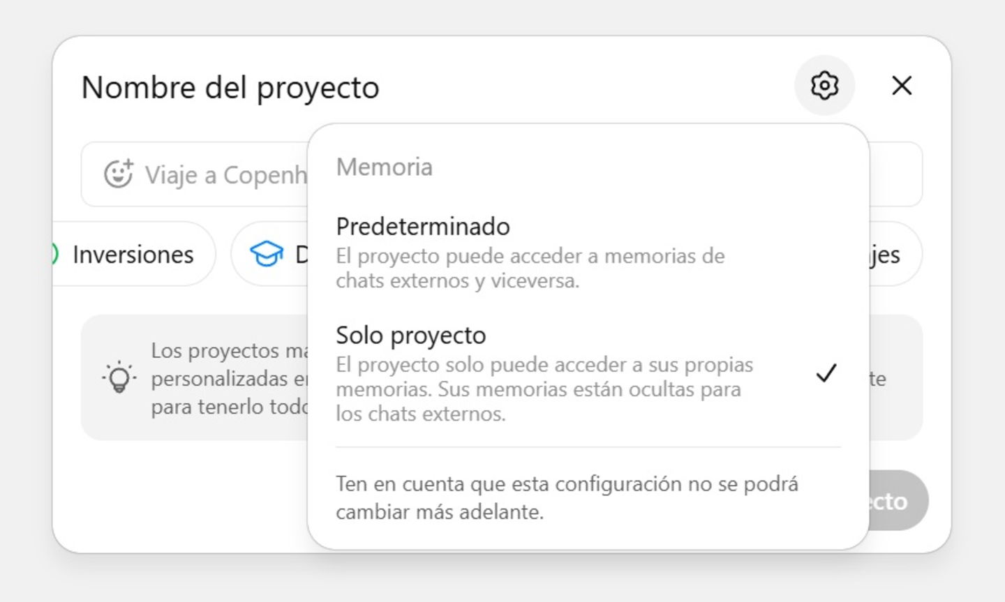 Pantallazo de ChatGPT que muestra cómo configurar los Proyectos en ChatGPT: puedes elegir si quieres que la IA use la memoria del Proyecto o la de todas tus conversaciones