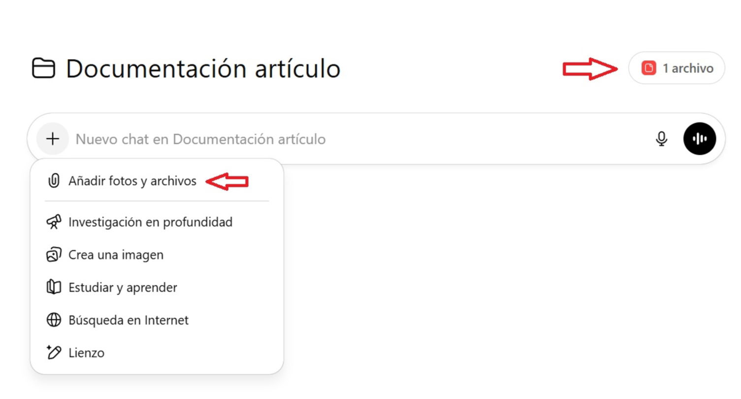 Pantallazo de ChatGPT en la que puedes ver cómo subir archivos a tus Proyectos en ChatGPT