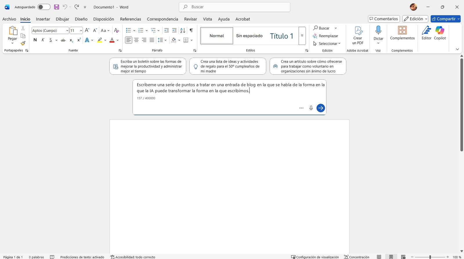 Interfaz de Copilot en Word