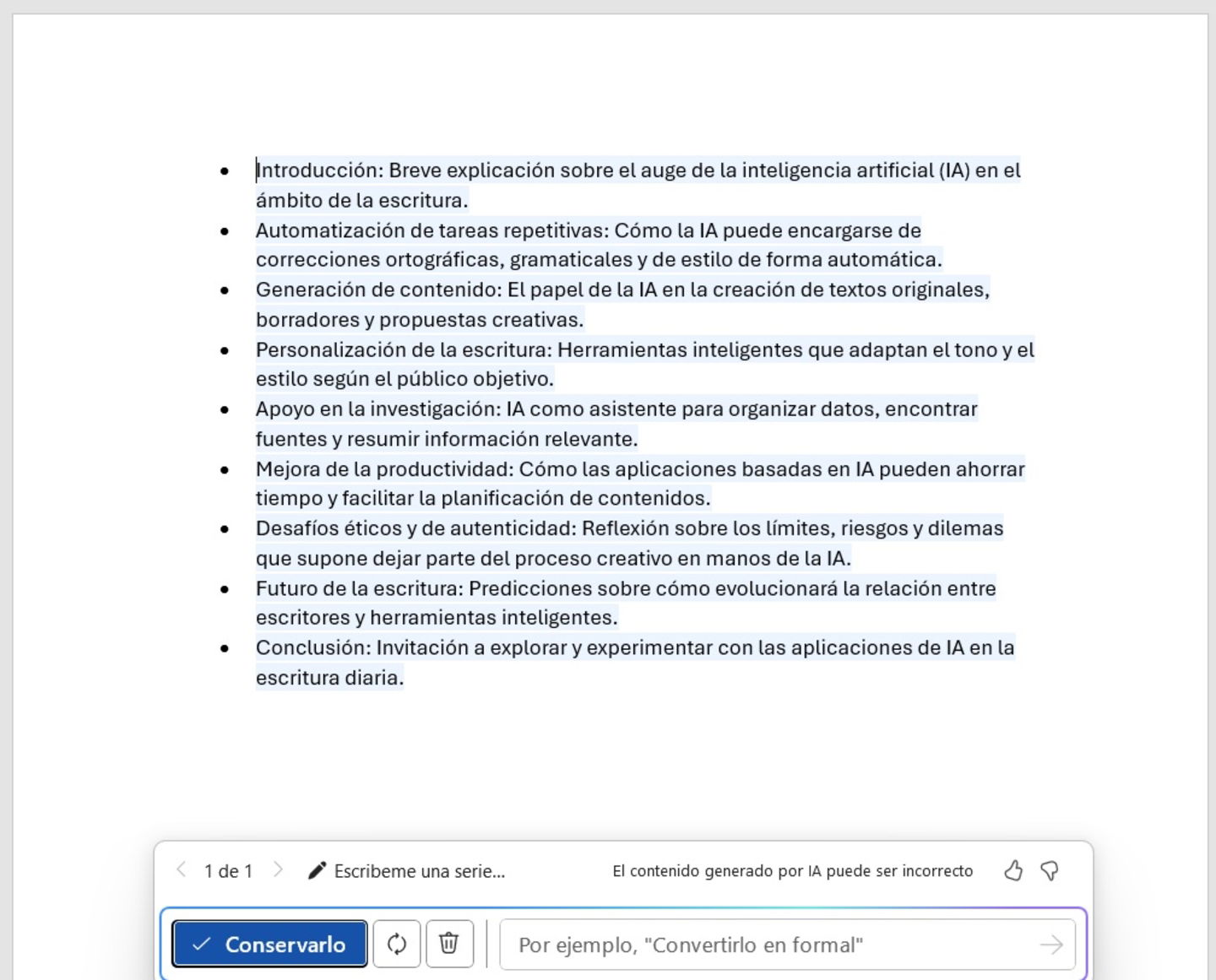 Ventana de Copilot en Word que demuestra cómo funciona la nueva IA en el procesador de textos