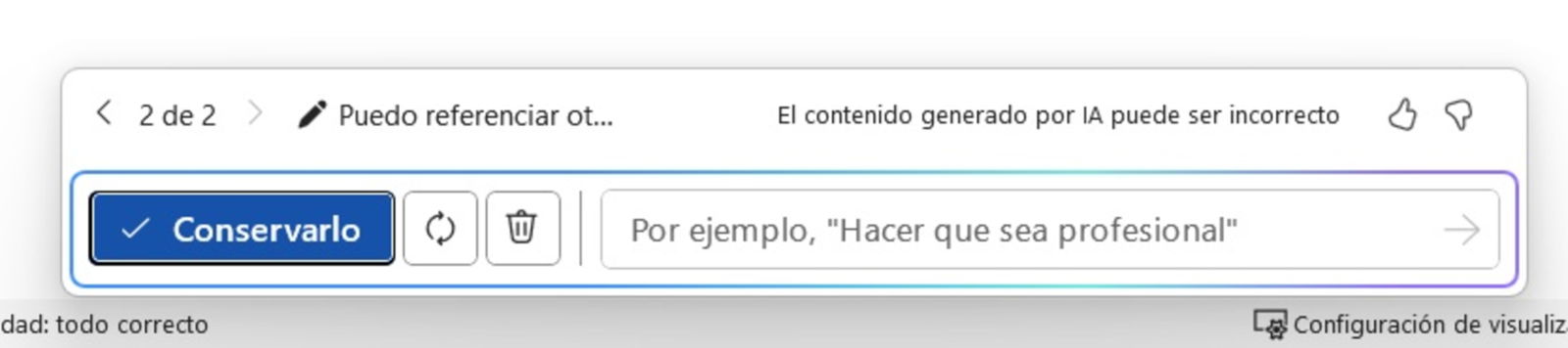Interfaz de Word con las nuevas herramientas de Copilot: puedes refinar la respuesta