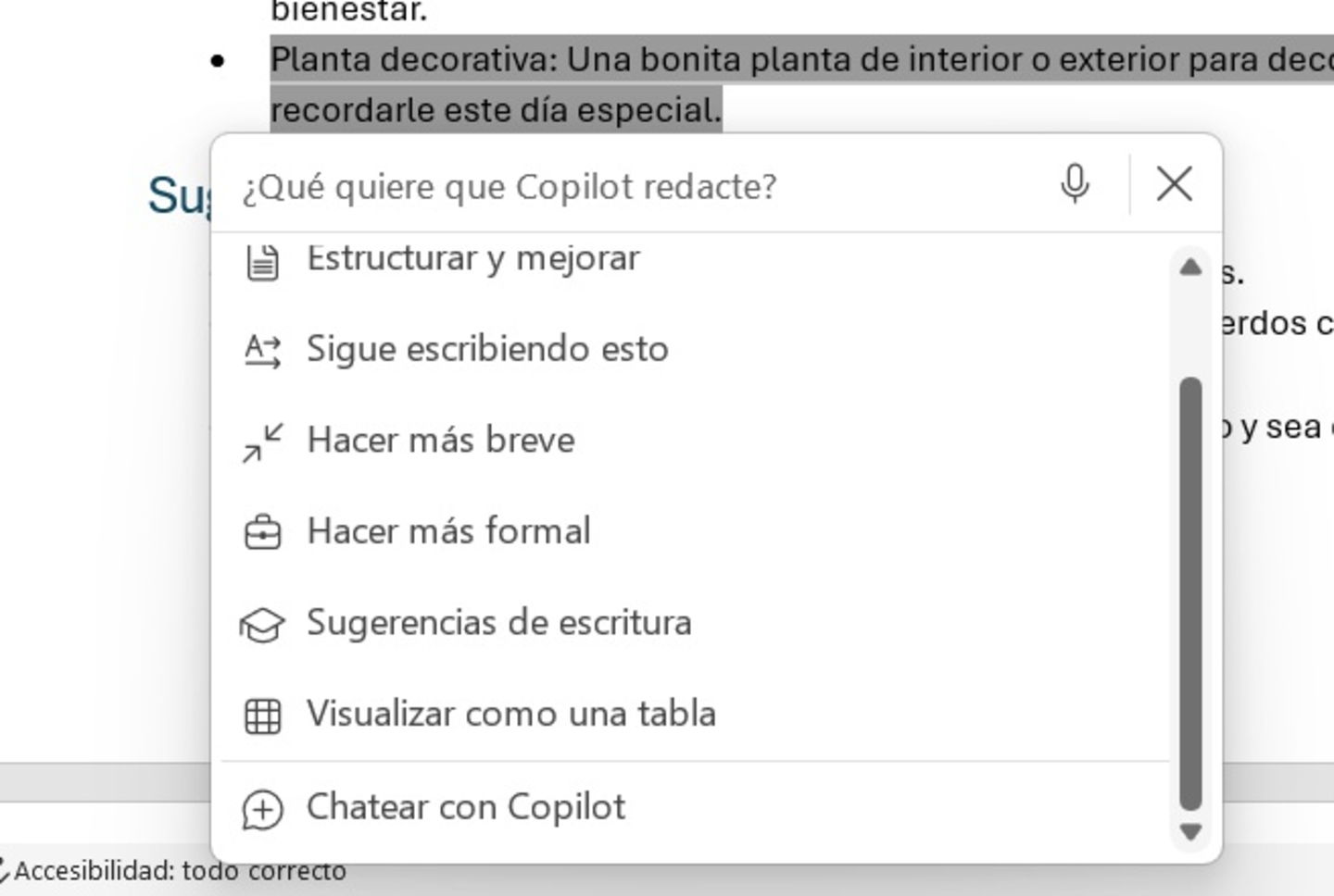 Interfaz de Copilot en Word con un desplegable