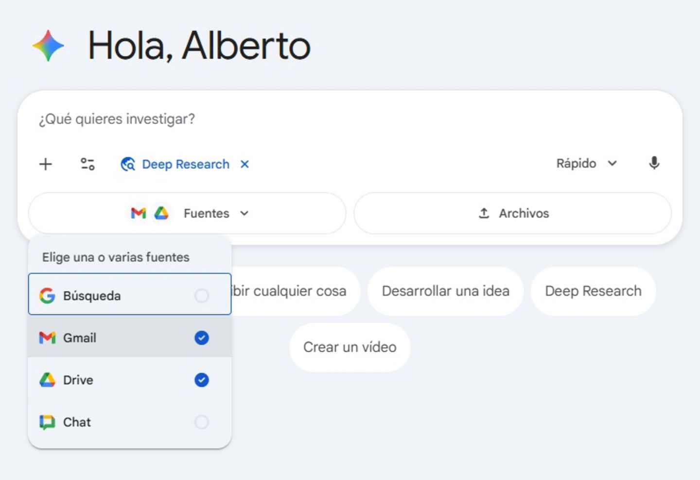 Elige las fuentes que utilizará Gemini Deep Research en esta pestaña
