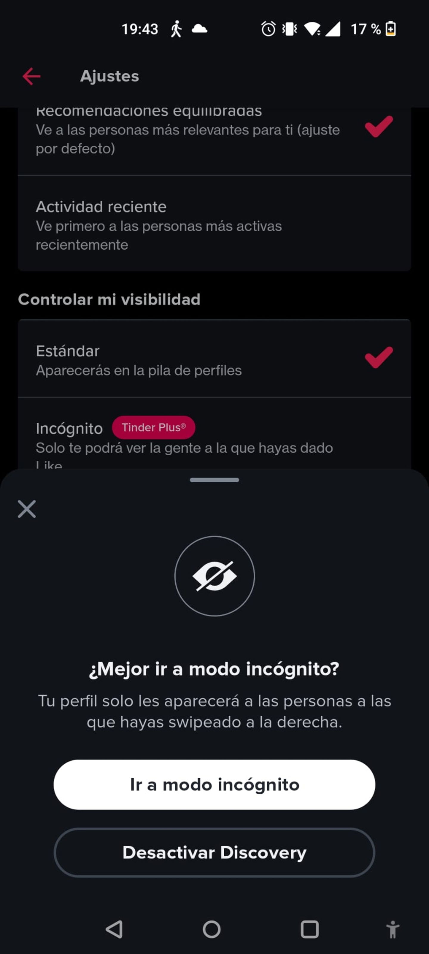Activar modo incógnito en Tinder