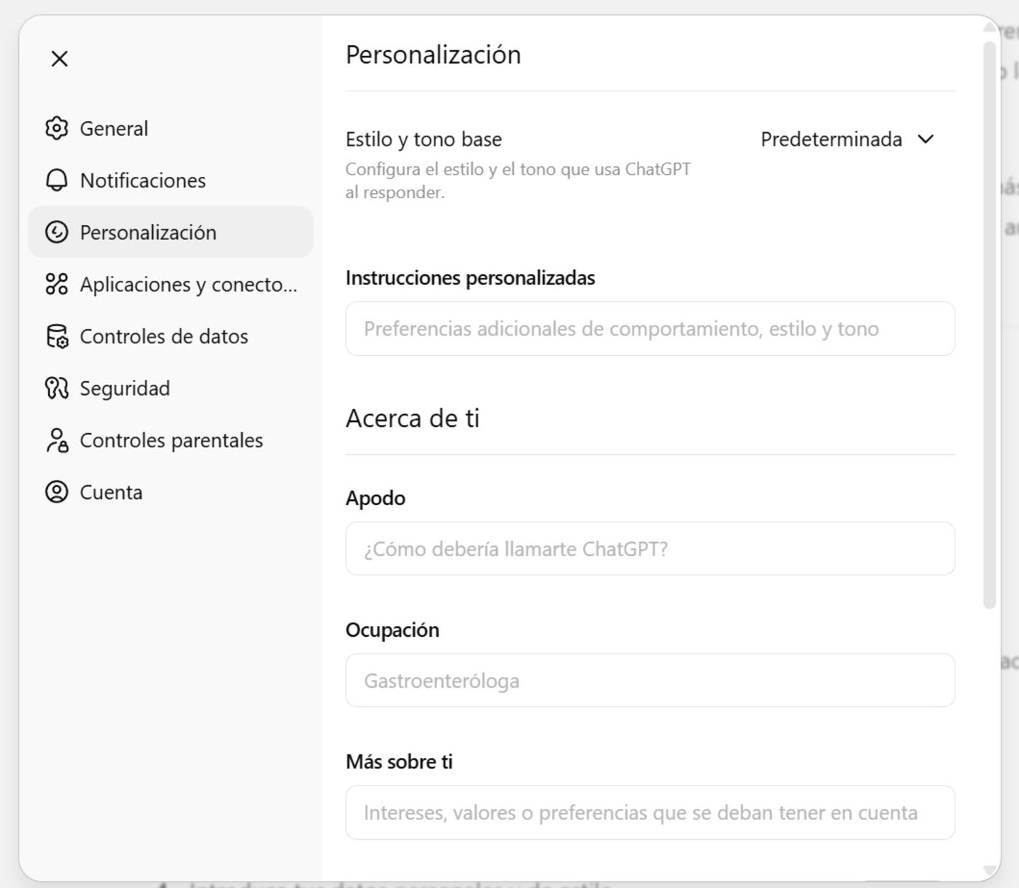 Así es la pestaña en la que activar las instrucciones personalizadas en ChatGPT