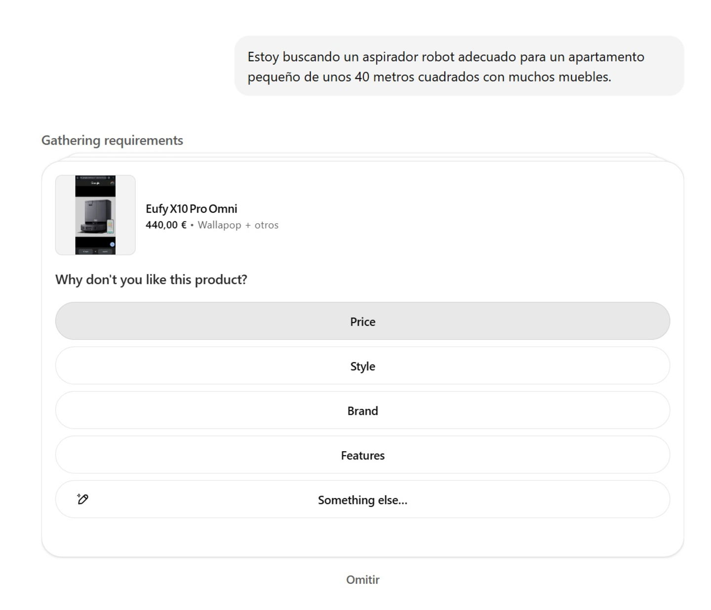 Formulario de OpenAI Shopping Research inquiriendo al usuario por qué no le ha interesado uno de los artículos sugeridos