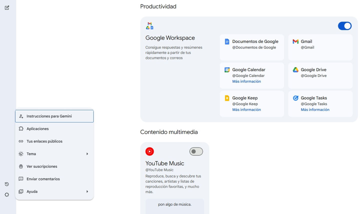 Ventana de Gemini en la que se ven las conexiones con aplicaciones de Google Workspace