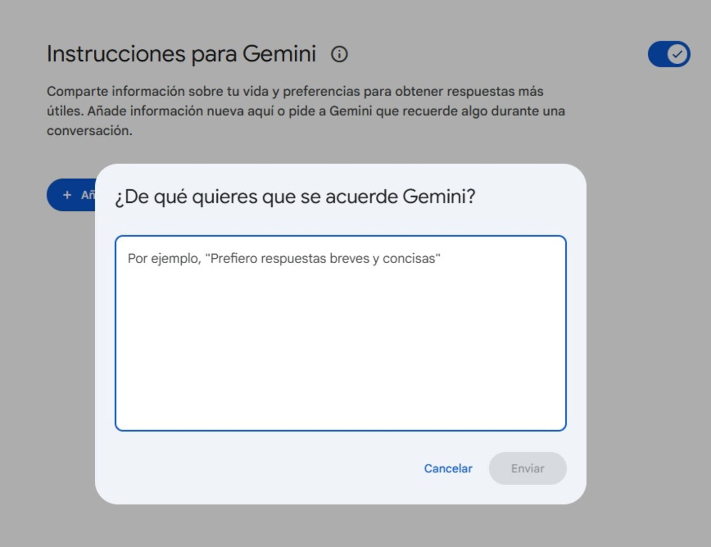 Ventana en la que se pueden introducir instrucciones previas al usar Gemini