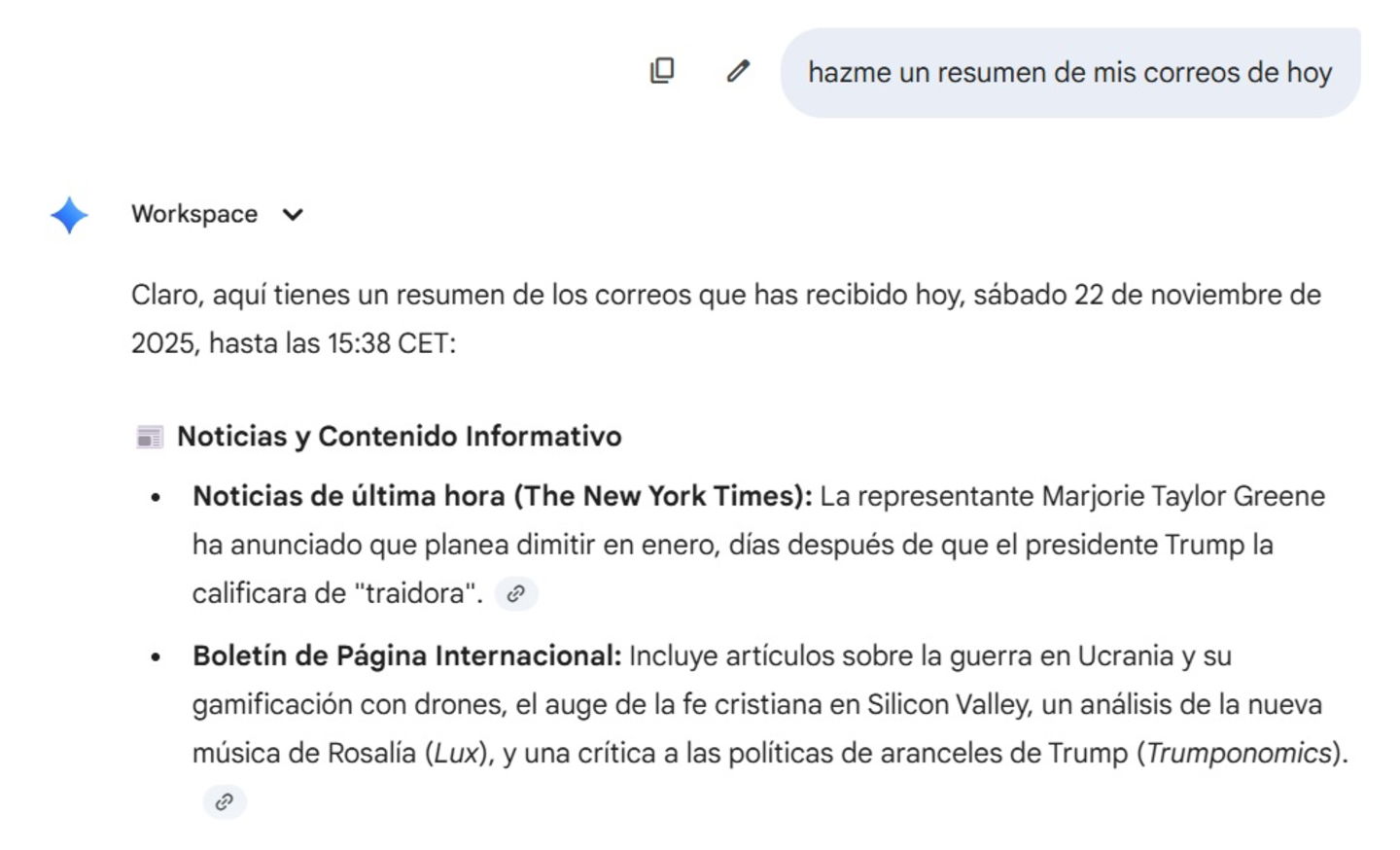 Gemini tiene la capacidad de leer tu bandeja de entrada y hacerte resúmenes de los correos que hayas recibido