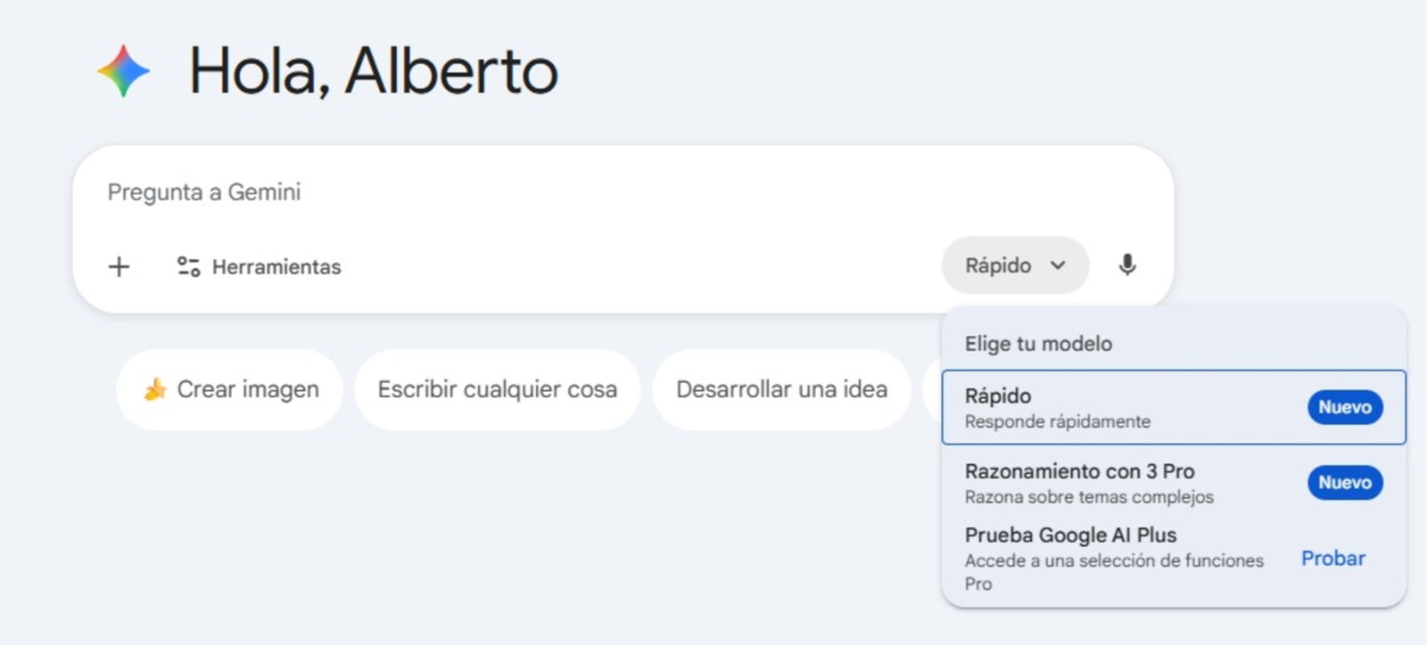 Ventana de Gemini en la que puedes elegir con qué modelo IA te responderá la herramienta