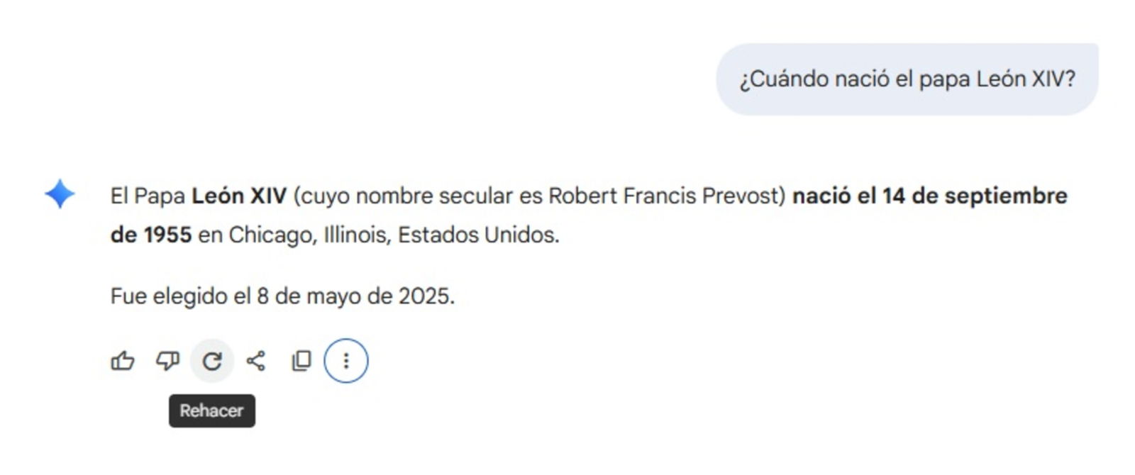 Ventana de Gemini en la que se puede rehacer la respuesta que el modelo te ha dado