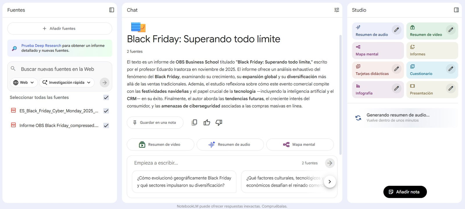 En NotebookLM puedes encargar podcasts a una o varias voces para resumir información de varios informes
