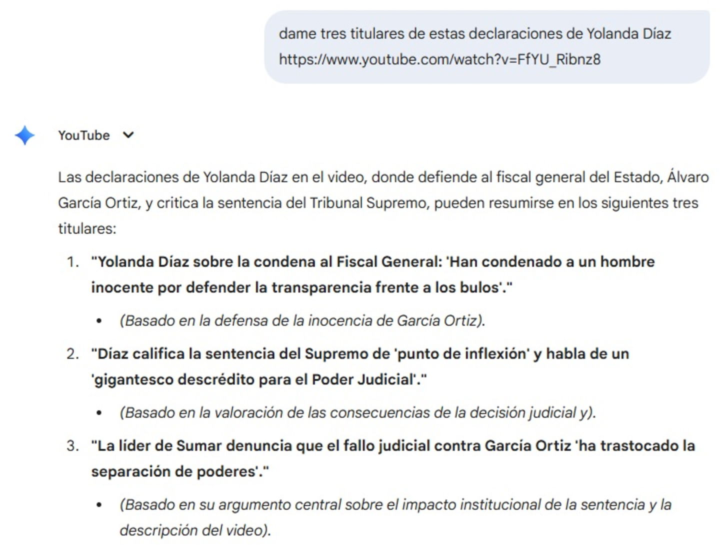 Ventana de Gemini en la que se puede ver que resume vídeos de YouTube