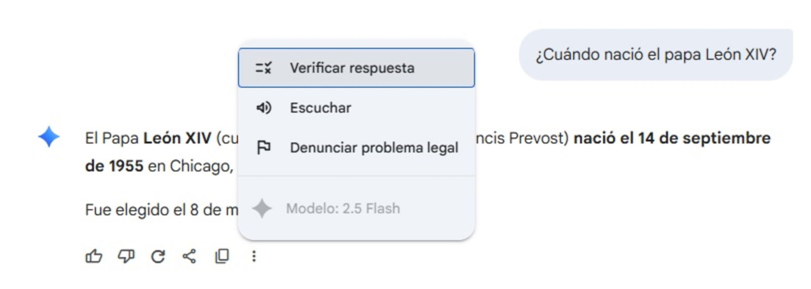 Ventana de Gemini en la que se ve cómo puedes verificar la respuesta que te haya dado la IA