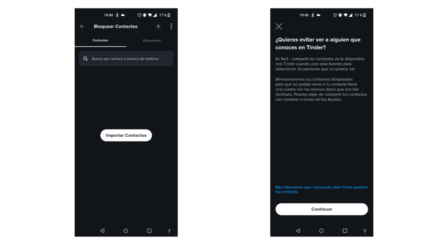 Opciones de bloqueo en Tinder