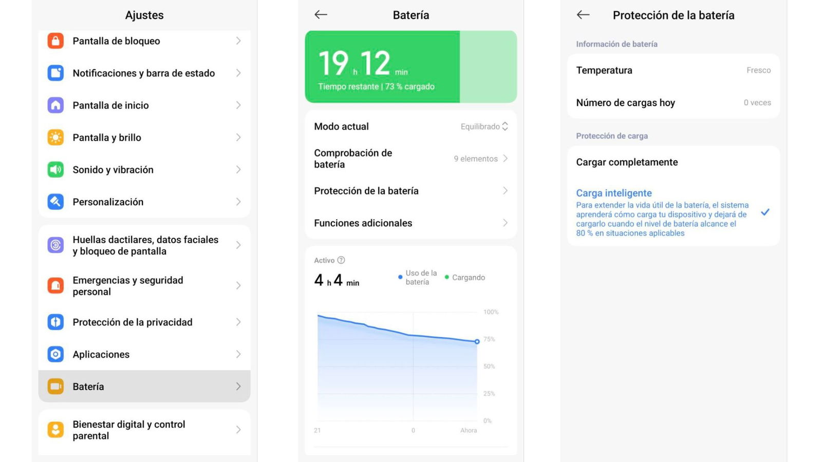Tres pantallazos con la ruta para comprobar el estado de la batería en Android