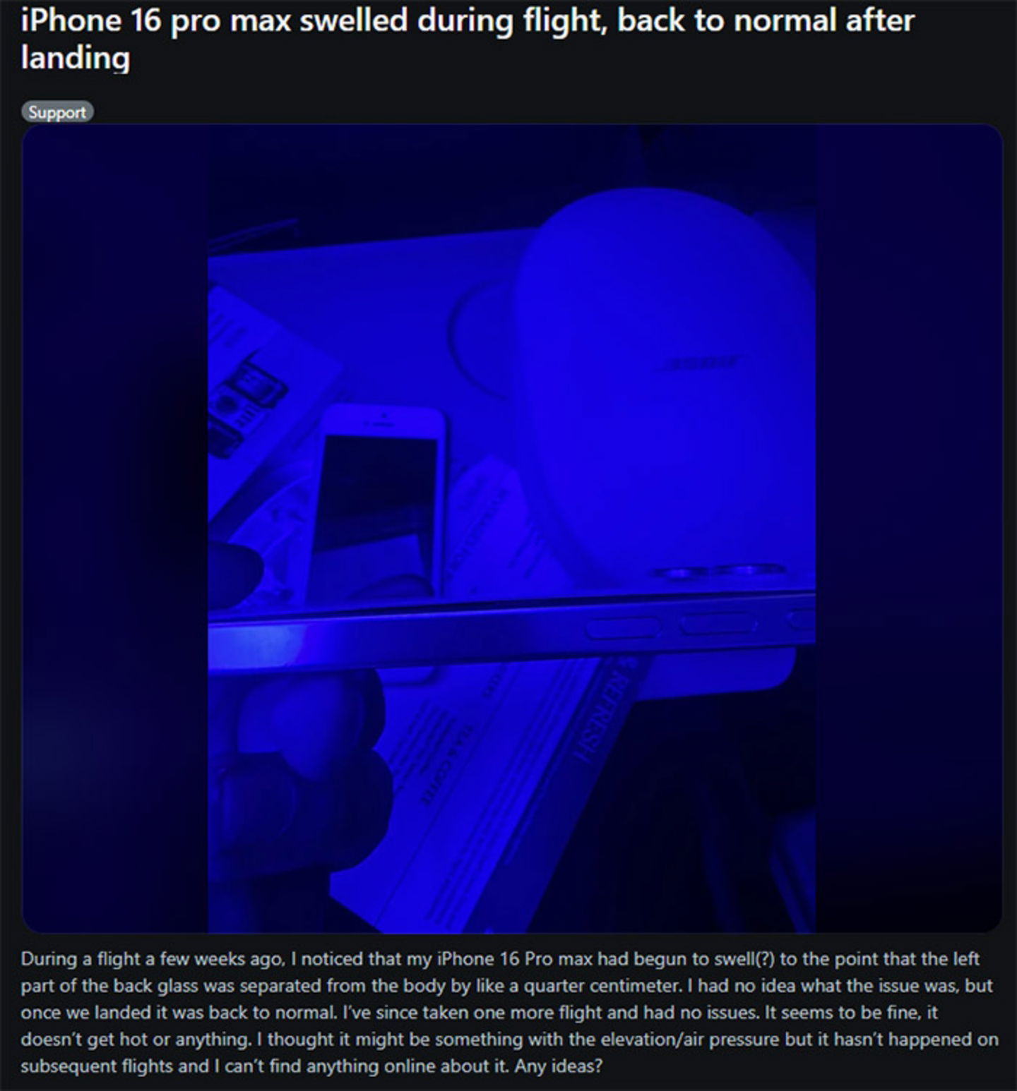 iPhone 16 Pro Max bateria hinchada en pleno vuelo