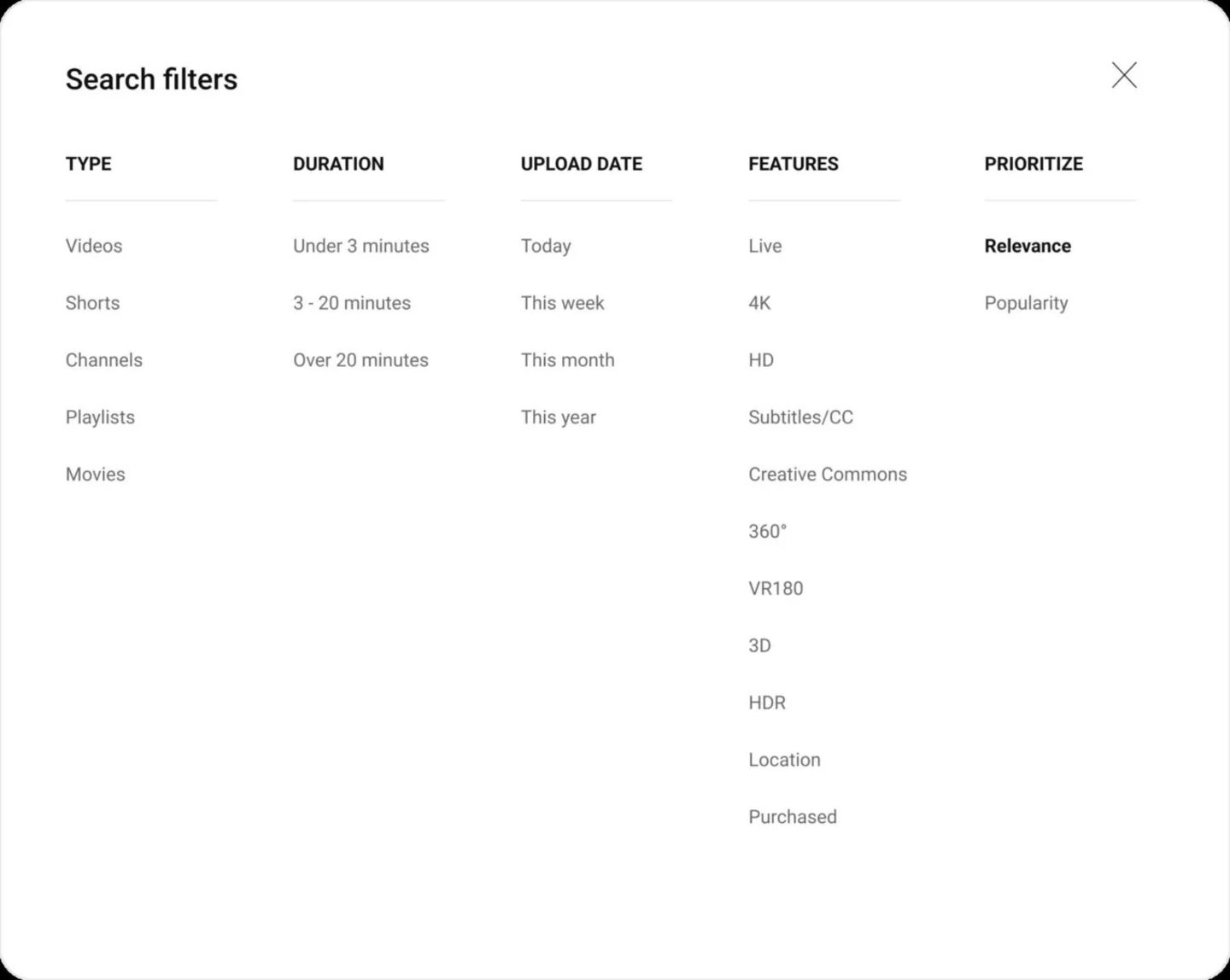 Filtros de búsqueda YouTube