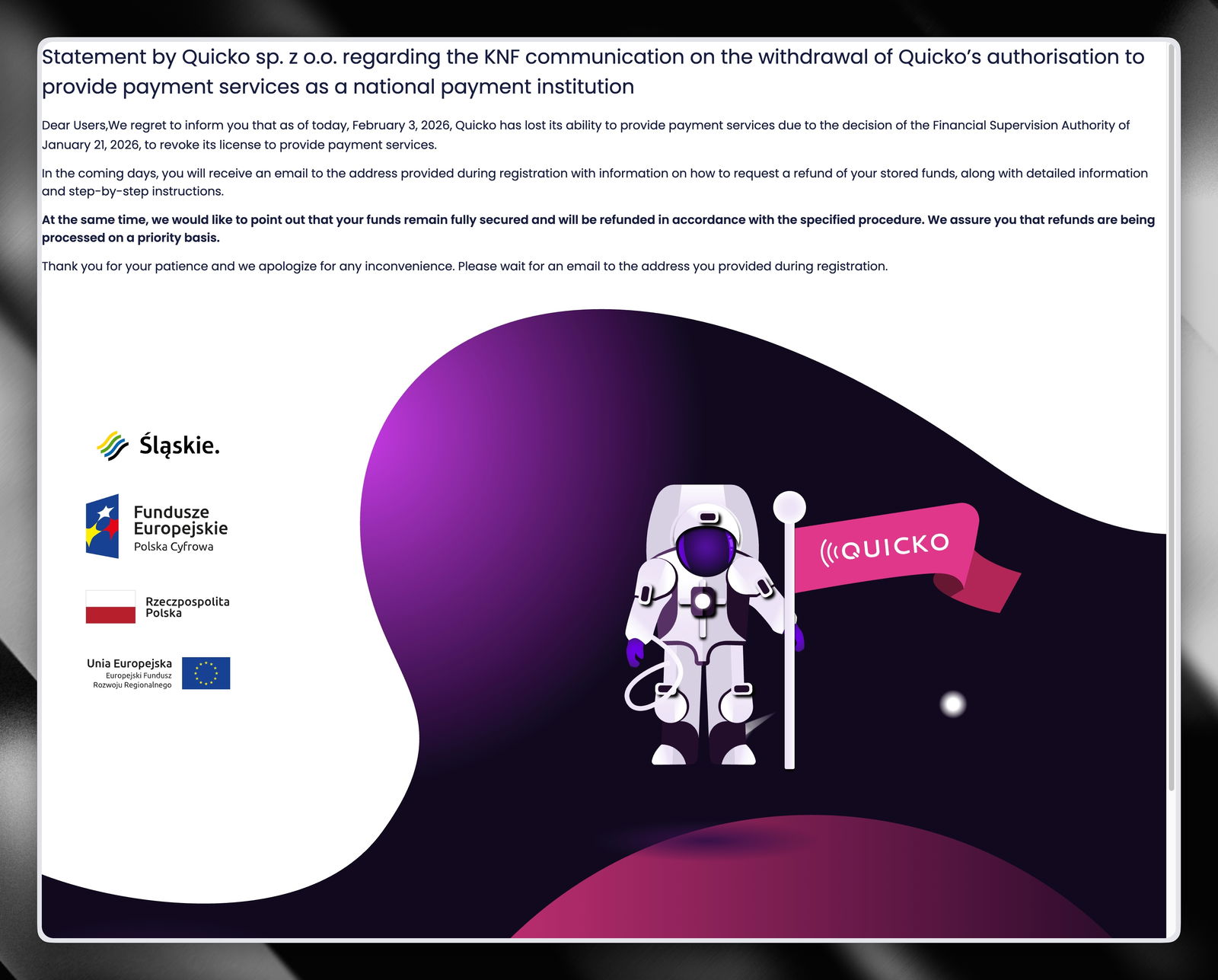 Aviso de Quicko Wallet