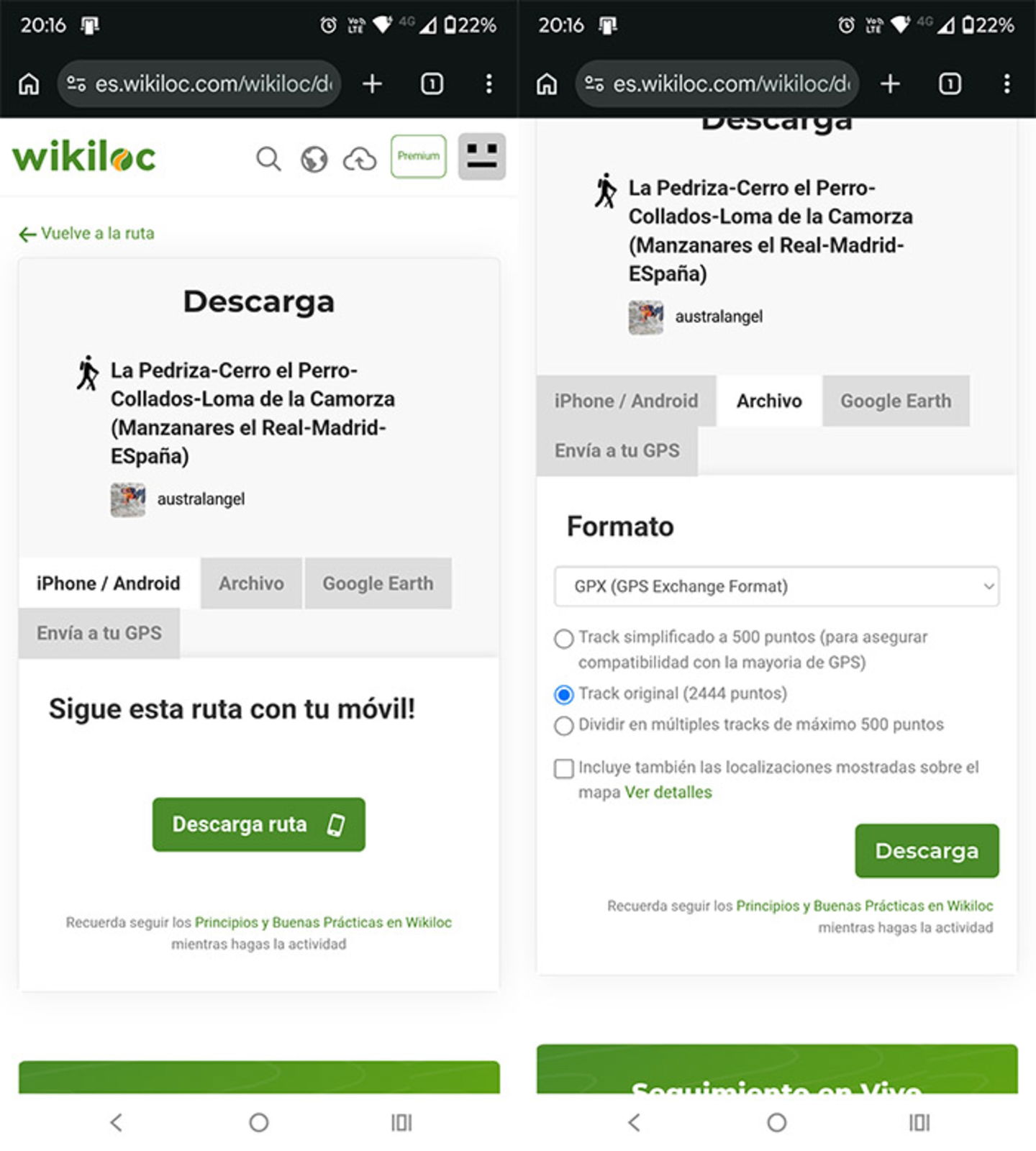 Descargar mapa Wikiloc en formato GPX
